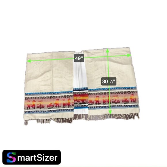 Southwestern Style Beige Poncho With Multicolor Pattern & Fringe Details - Picture 6 of 6